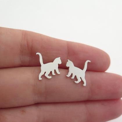 Sterling Silver Cat Stud Earrings - Cat Lover Gift