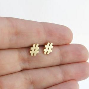 14k Gold Hashtag Stud Earrings - Solid Gold Hash..