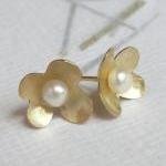 Solid Gold Flower Earrings With A Pearl - 14k..