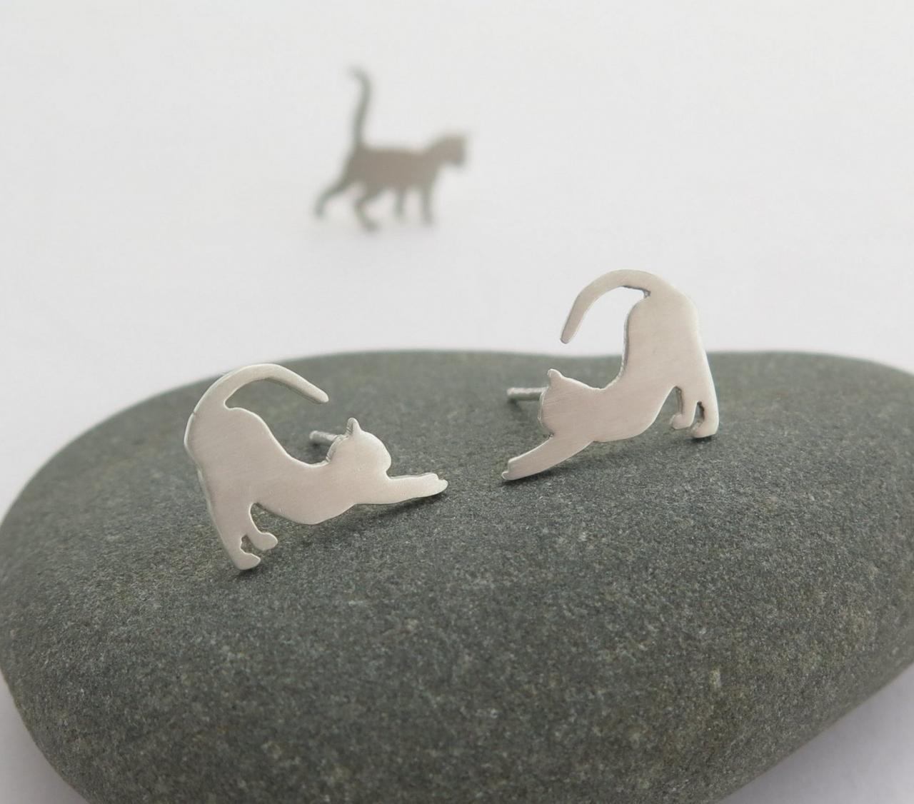 Cat Earrings - Sterling Silver Cat Lover Gift - Animal Jewelry