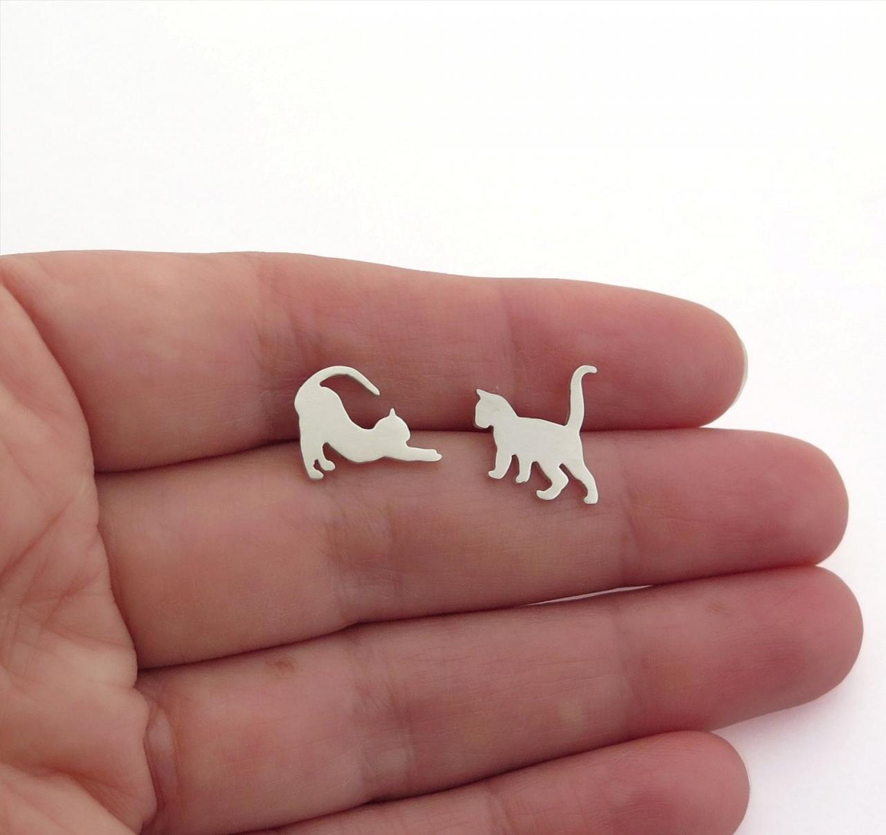 Cats Earrings - Sterling Silver Mismatched Cats Studs - Cat Lover Gift