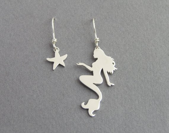 Mermaid And Starfish Dangle Earrings - Mismatched Earrings - Hand Cut Sterling Silver - Nautical Jewelry
