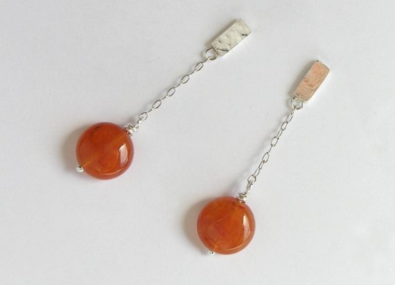 Sterling Silver Dangle Carnelian Earrings - Chain Earrings - Dangle Post Earrings - Orange Earrings