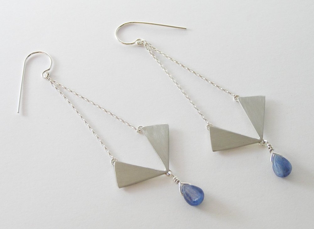 Long Dangle Triangles Earrings - Geometric Jewelry - Blue Kyanite Drops - Sterling Silver Chandelier Earrings
