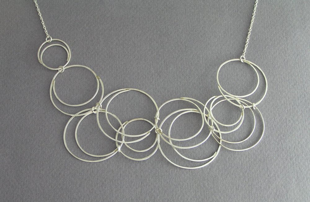 Sterling Silver Circles Bib Necklace - Bubbles Necklace - Asymmetrical - Spiral - Hand Made Necklace