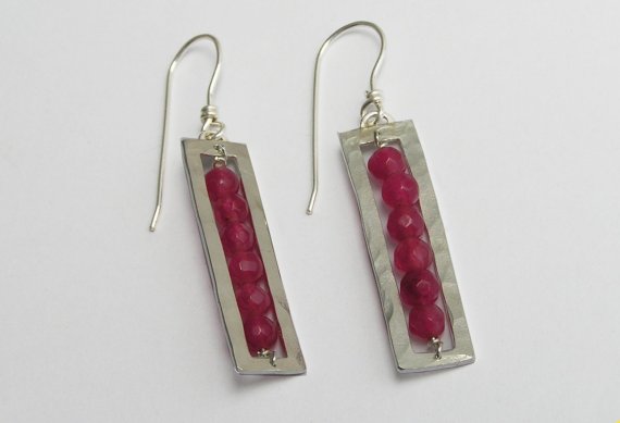 Rectangle Dangle Earrings - Sterling Silver And Pink Colored Agate - Geometric Earrings