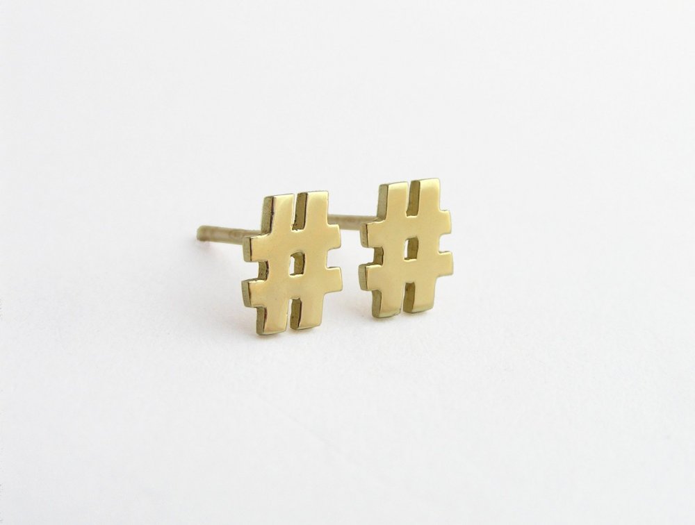 14k Gold Hashtag Stud Earrings - Solid Gold Hash Symbol - Tag Yourself!