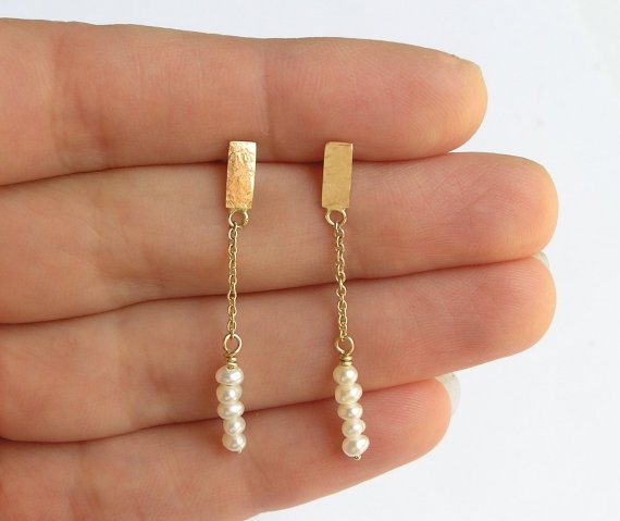 Pearls And 14k Gold Earrings - Dangle Gold Earrings - Long Post Earrings - Gold Chain Earrings - Solid Gold Jewelry