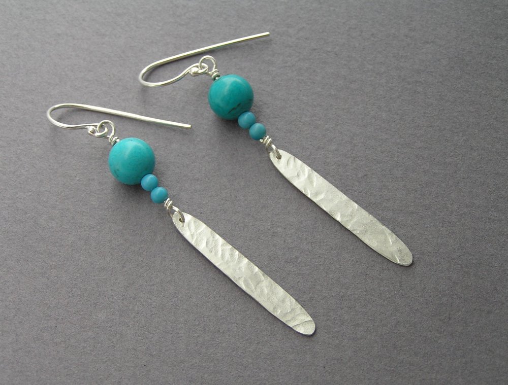 Dangle Earrings - Turquoise & Silver Feather Earrings - Drop Earrings - Long Leaf Earrings - Sterling Silver