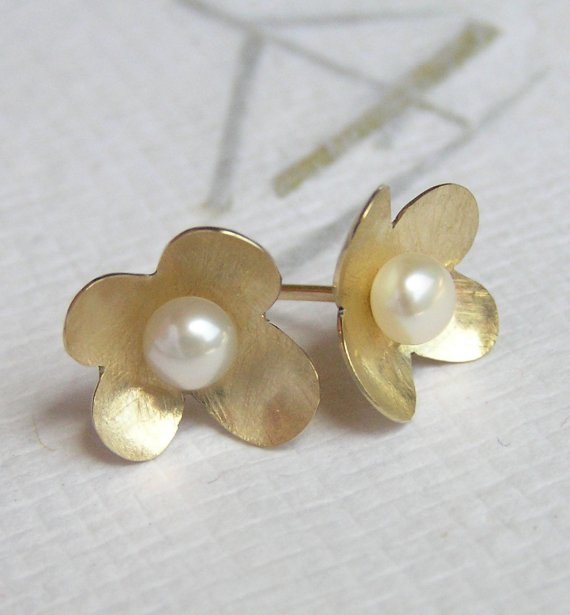 Solid Gold Flower Earrings With A Pearl - 14k Yellow Gold Flower Petals