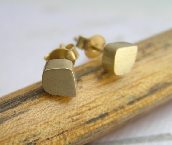 Solid Gold Stud Earrings - 14k Gold Freeform Cube Post Earrings