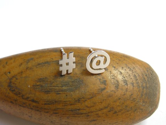 Twitter Stud Earrings - Sterling Silver Earrings - At Sign And Hash Sign Mismatched Studs