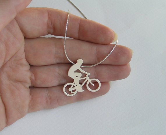 Bicycle Necklace Pendant - Steling Silver - Bicycle Rider Pendant - Hand Cut - Sport Jewelry