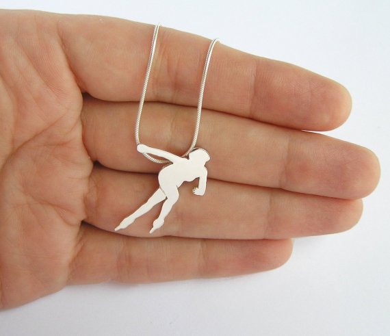 Sterling Silver Necklace, Speed Skater Pendant, Sport Jewelry, Woman Silhouette, Hand Cut